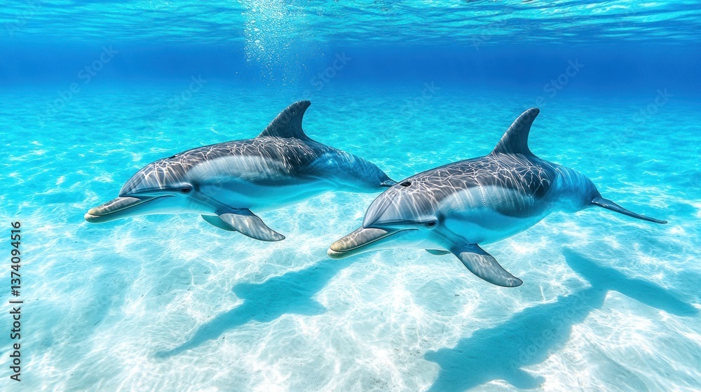 Obraz premium Two dolphins swimming in shallow tropical water