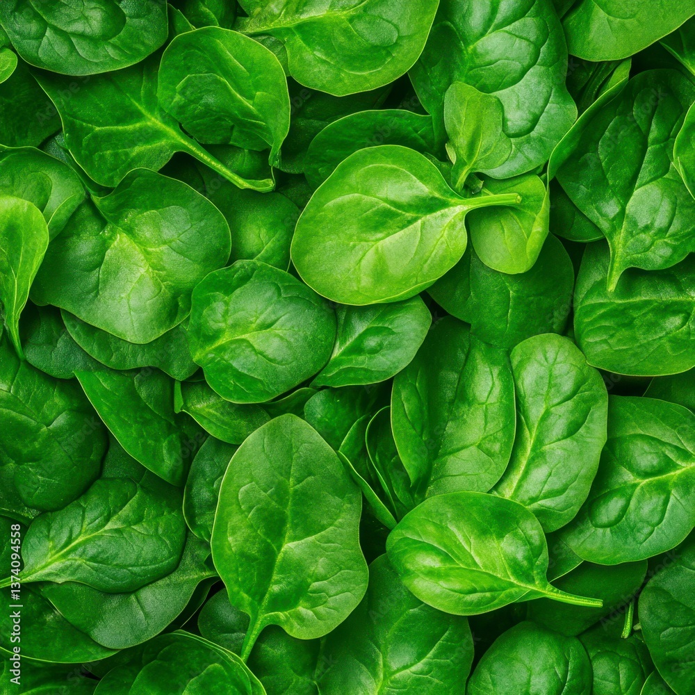 Fototapeta premium Close up view of vibrant green spinach leaves, densely packed together. The image is a flat lay, showing the texture and color of fresh spinach.