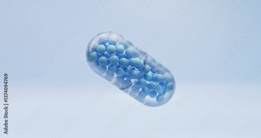 3D animation In a large transparent capsule, tablets with small round particles of medicines or antibiotics, vitamins and pharmaceuticals on a blue background.  The concept of health and wellness