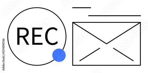 Envelope with lines symbolizing message alongside REC in a circle with blue dot. Ideal for communication, recording, email, messaging services, broadcasting, documentation, notifications, flat simple