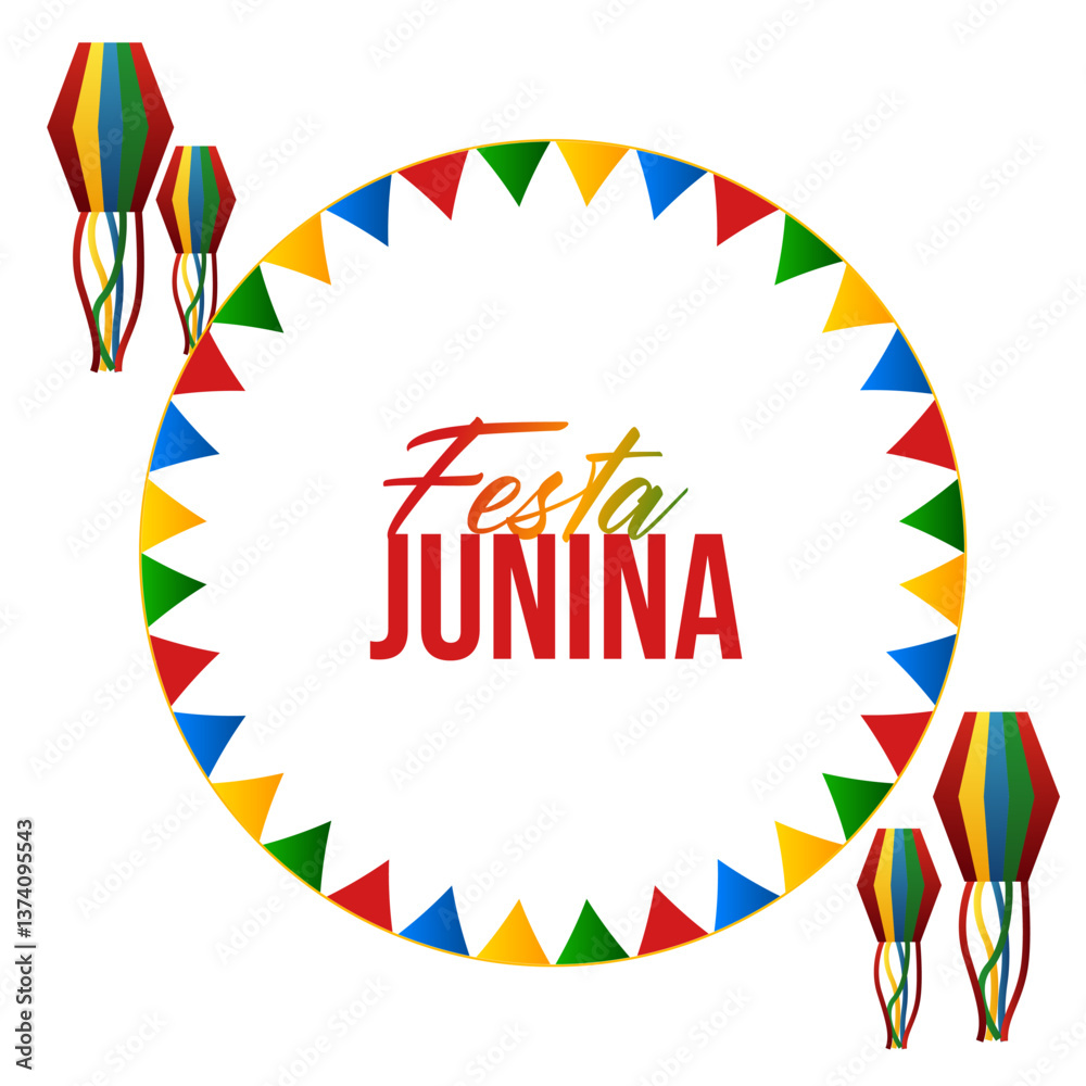 Obraz premium Festa Junina with party flags, holiday symbols, paper fanatics and a garland of paper flags. Bonfire. Vector illustration