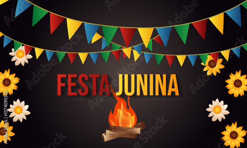 Festa Junina with party flags, holiday symbols, paper fanatics and a garland of paper flags. Bonfire. Vector illustration