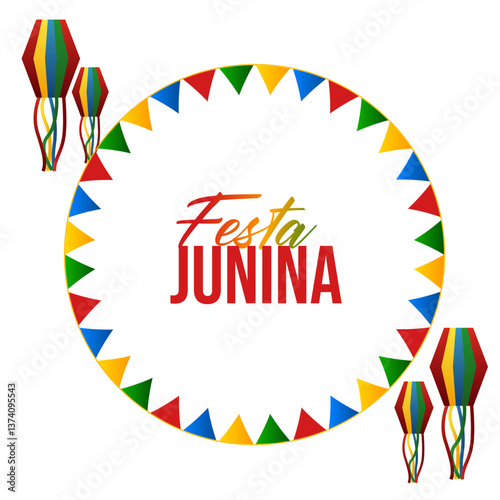 Festa Junina with party flags, holiday symbols, paper fanatics and a garland of paper flags. Bonfire. Vector illustration