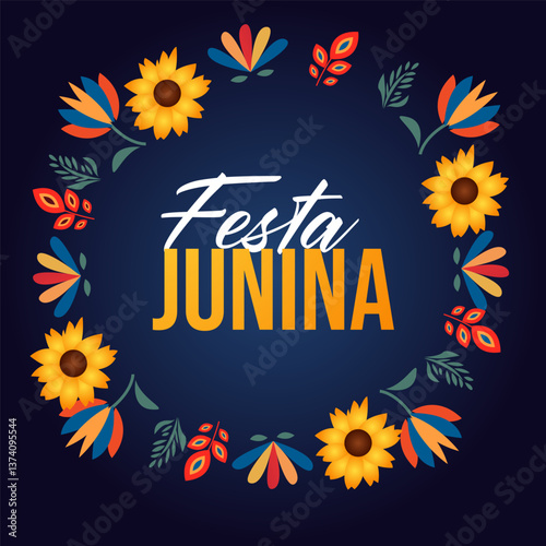 Festa Junina with party flags, holiday symbols, paper fanatics and a garland of paper flags. Bonfire. Vector illustration