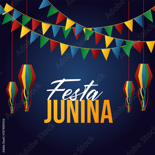 Festa Junina with party flags, holiday symbols, paper fanatics and a garland of paper flags. Bonfire. Vector illustration