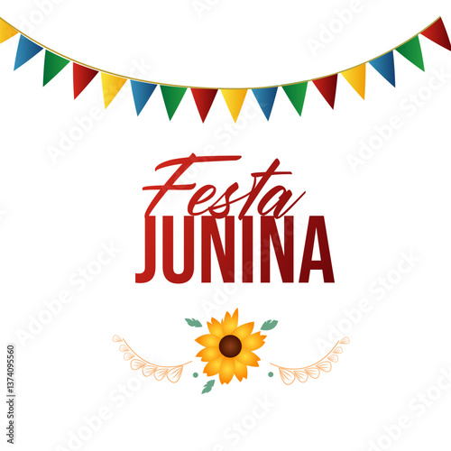 Festa Junina with party flags, holiday symbols, paper fanatics and a garland of paper flags. Bonfire. Vector illustration
