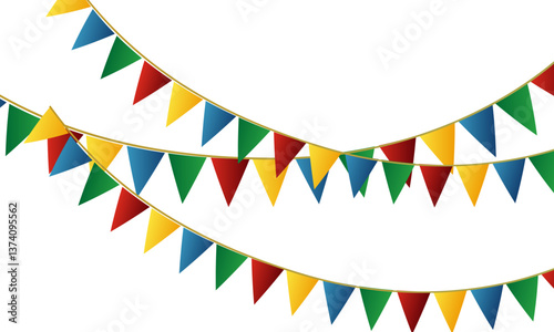 Festa Junina with party flags, holiday symbols, paper fanatics and a garland of paper flags. Bonfire. Vector illustration