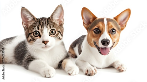 Cute Cat and Dog Companions Relaxing Together on White Background