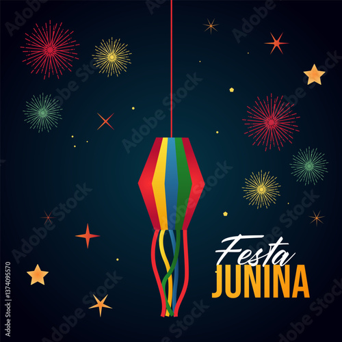 Festa Junina with party flags, holiday symbols, paper fanatics and a garland of paper flags. Bonfire. Vector illustration