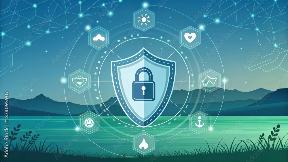 Fototapeta premium A digital illustration of a shield with a lock, surrounded by various icons representing cybersecurity and protection, set against a serene lake and mountain backdrop.