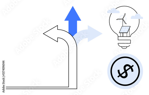 Arrow branching paths, blue arrow moving upward, lightbulb with solar panel and wind turbine, dollar sign in circle. Ideal for business, sustainability, renewable energy, growth, choices strategy