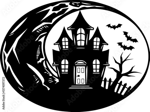 A moonlit night sky with bats in a haunting svg vector. Spooky Haunted House with Bats and Creepy Landscape Silhouette