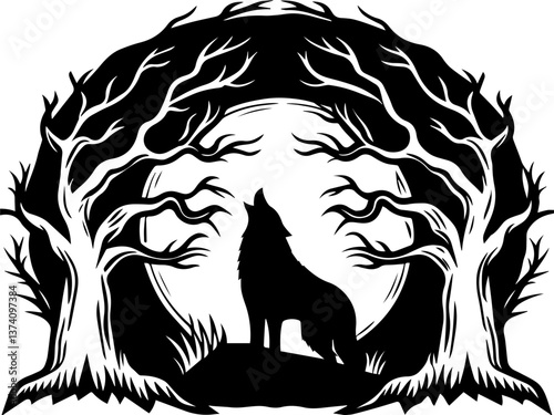 A moonlit night sky with bats in a haunting svg vector. Lone Wolf Howling at Moon Surrounded by Leafless Trees Design