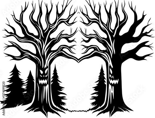 A twisted forest with eerie trees in a haunting svg vector. Spooky Forest Trees with Grinning Faces and Twisted Branches