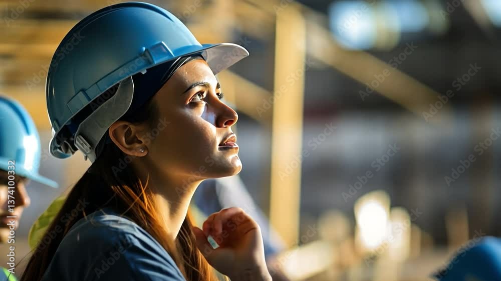 Focused and determined: a female engineer with a focused gaze, her face illuminated by sunlight and encased in protective workwear, symbolizes strength and diligence in construction. Focused and determined: a female engineer with a focused gaze, her face illuminated by sunlight and encased in protective workwear, symbolizes strength and diligence in construction.