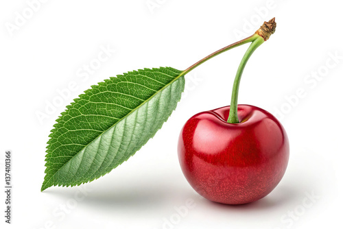 Wallpaper Mural Single Red Cherry with Green Leaf: Fresh Fruit, Nature, Food Photography Torontodigital.ca
