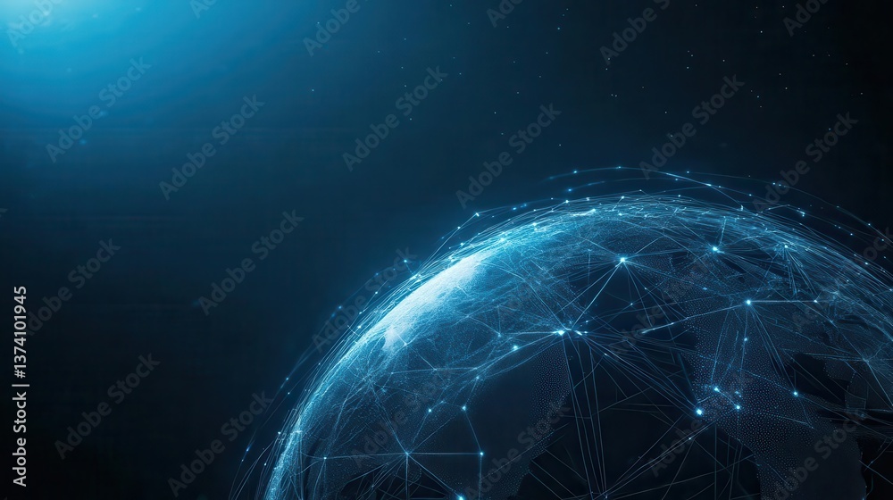 Naklejka premium A futuristic digital globe illuminated by network connections, symbolizing global communication and technological advancement.