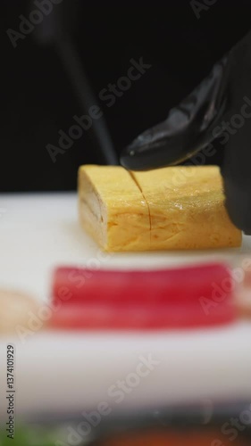 Slicing fresh sushi ingredients japanese restaurant culinary photography indoor setting close-up perspective art of food preparation