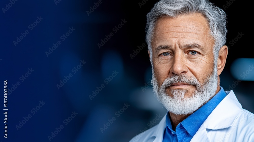 Close up portrait of a mature man with graying hair and beard, wearing a white lab coat over a light blue collared shirt, set against a blurred dark blue background. He has a serious expression. Close up portrait of a mature man with graying hair and beard, wearing a white lab coat over a light blue collared shirt, set against a blurred dark blue background. He has a serious expression.