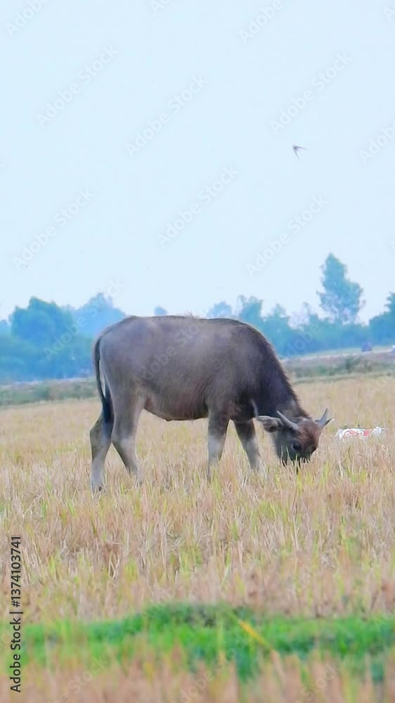 Buffalo Grazing in a Serene Rural Field on a Clear Day Buffalo Grazing in a Serene Rural Field on a Clear Day