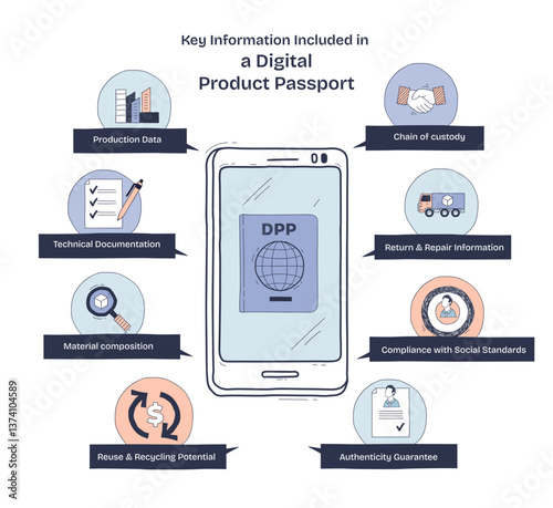 Digital Product Passport diagram shows key elements like production data, material composition, and compliance, transparent background. Doodle style diagram.