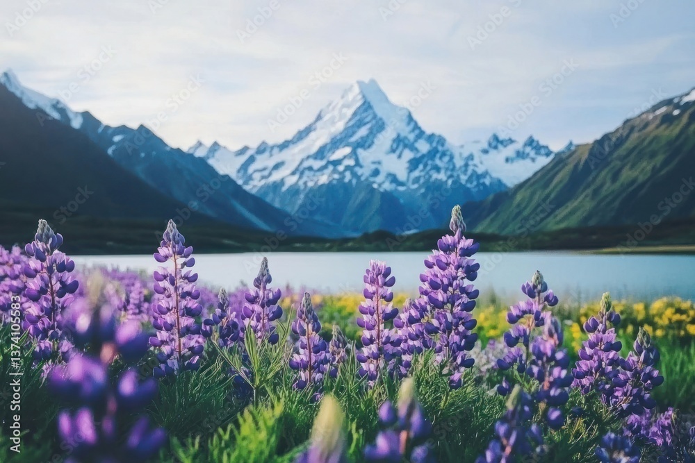 Fototapeta premium Purple and pink blooming lupins flowers lake snow-capped wildflower.