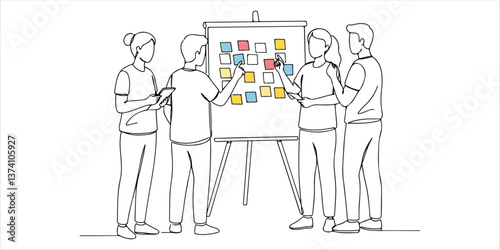 people standing near a board with sticky notes and discussing an idea continuous single line art drawing sketch on white background