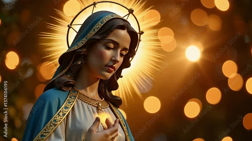 Sacred Statue of Our Lady of Aparecida (Nossa Senhora Aparecida), iconic Brazilian saint. Radiant bokeh backdrop symbolizing faith, hope, and devotion.
