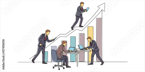 people in office suits working against the rising graph continuous single line art drawing sketch on white background