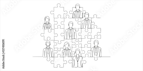 puzzle pieces with different people in business suits in each continuous single line art drawing sketch on white background