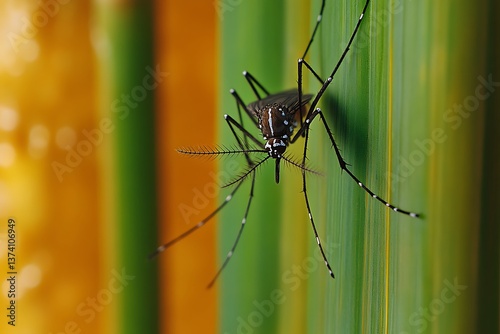 Close-up of an Aedes aegypti mosquito on a vibrant green bamboo stalk, detailed texture. photo