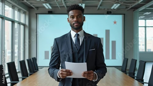 a tall African-American young man in a suit. He is standing in a spacious and bright conference room, holding a document in his hand.