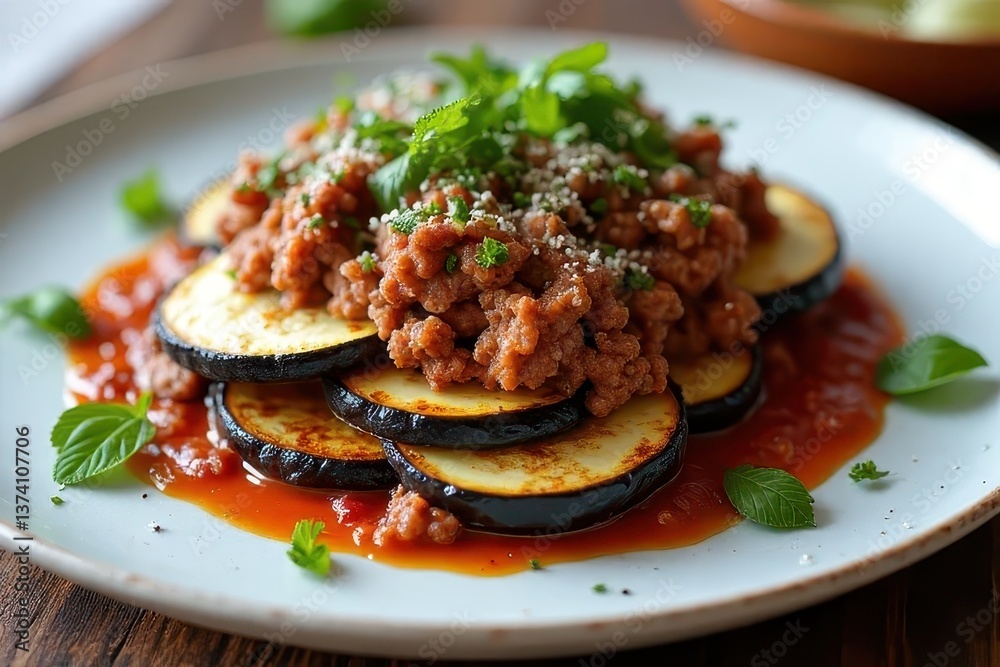 Traditional Moussaka Dish with Vegetables and Meat Layers on a Serving Plate Traditional Moussaka Dish with Vegetables and Meat Layers on a Serving Plate