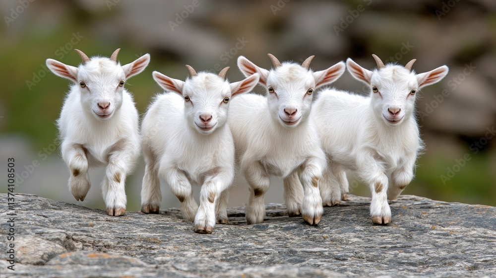 Obraz premium A group of white goats explores the edge of a historic stone wall in Israel, creating a striking and surreal atmosphere