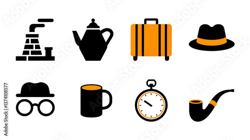 Vintage travel and leisure icons flat style black and orange