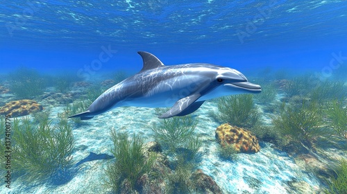 Underwater Dolphin Swimming in Coral Reefs