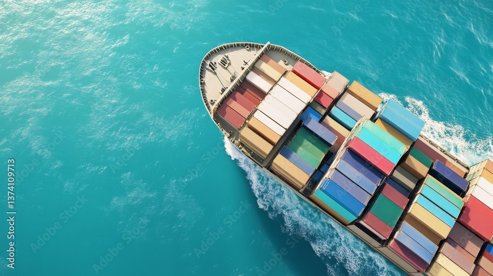 Obraz premium Cargo Ship at Sea, aerial perspective showcasing stacked containers on deck, ample space for messaging and branding opportunities