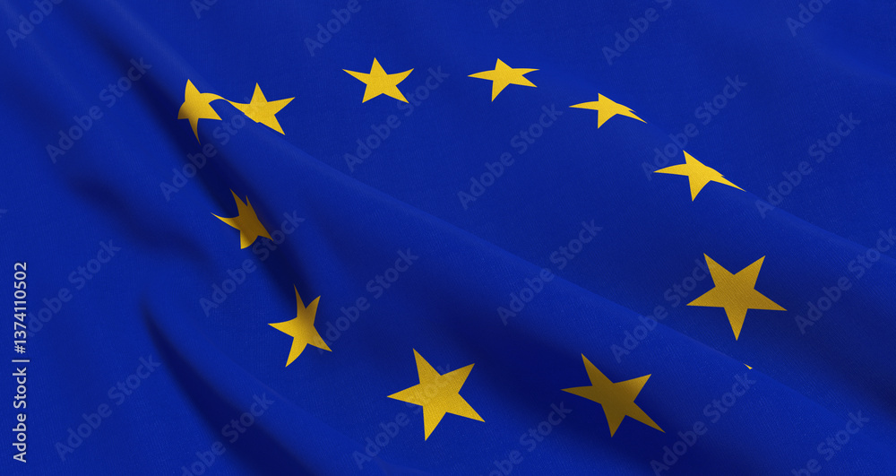 European flag, laid and folded with fabric texture - 3D rendering