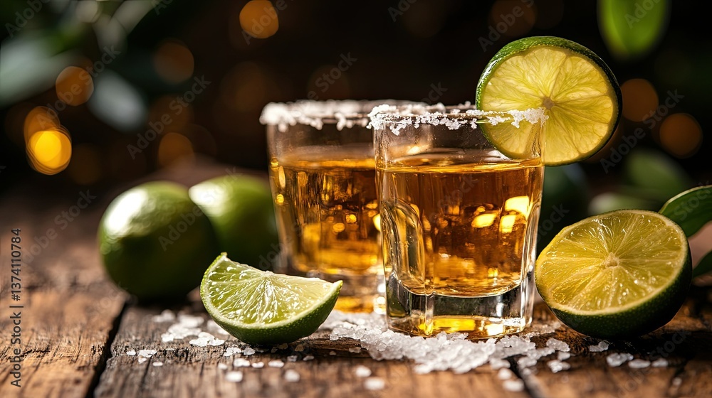 Tequila shots with lime and salt served on a wooden table with a dark background. - Tequila shots with lime and salt served on a wooden table with a dark background. -