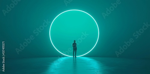 The city of abstraction is a futuristic metropolis composed of concrete and neon, as seen in the night city view with stairs leading up and illuminated