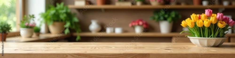 Light oak wooden counter with blurred background of fresh flowers and green plants in a cozy shop, aesthetic, wooden Light oak wooden counter with blurred background of fresh flowers and green plants in a cozy shop, aesthetic, wooden