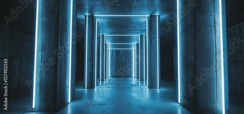 This 3D rendering showcases a dark neon glowing club complete with spot lights, a catwalk, podium stage, dance floor path, and blue LED lights, situated within a rugged concrete grunge structure