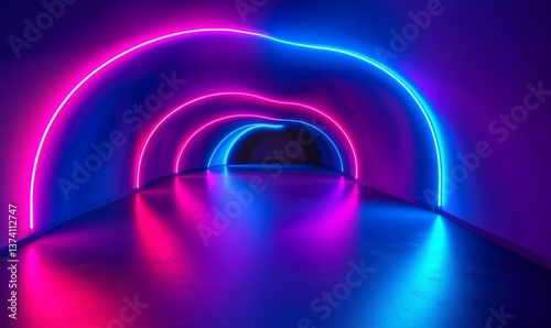 A dark and abstract futuristic background features neon lines that glow, accompanied by various shapes and a multi-colored glow with blurry lights and bokeh, forming an empty stage setting