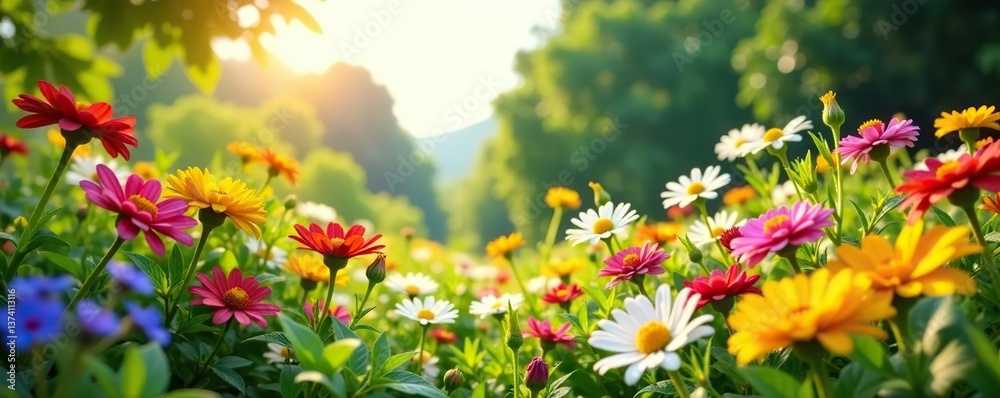 Fototapeta premium Lush garden filled with vibrant wildflowers under the sunny sky, petals, vibrant