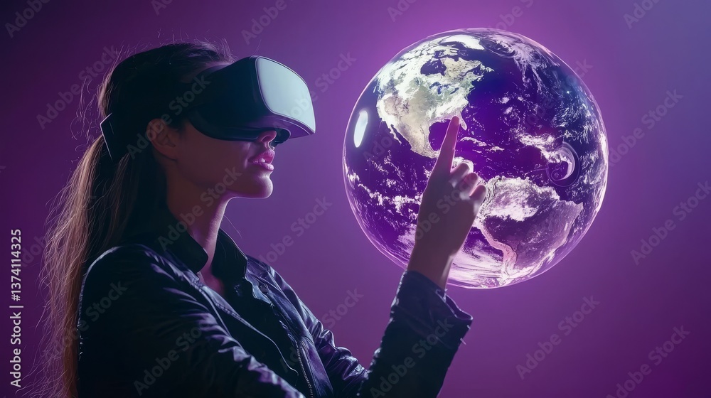 Naklejka premium A woman's hand is shown up close, wearing virtual reality glasses on a dark background, symbolizing the connection between learning and the virtual world in a futuristic technology concept