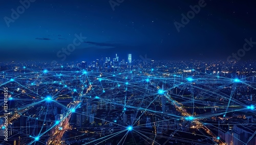 The notion of a high-speed internet connection is depicted as radiant cable webs transmitting digital information across a breathtaking futuristic cyberpunk cityscape filled with skyscrapers,
