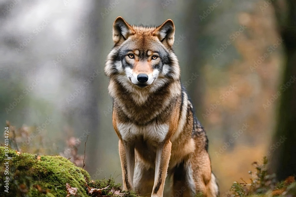 Powerful iberian wolf standing proudly on a moss-covered rock, exuding strength and grace while gazing intently in its natural forest habitat filled with lush greenery Powerful iberian wolf standing proudly on a moss-covered rock, exuding strength and grace while gazing intently in its natural forest habitat filled with lush greenery