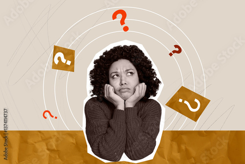 Composite art 3d creative image collage of serious american girl think question mark contemplation concept strategy plan