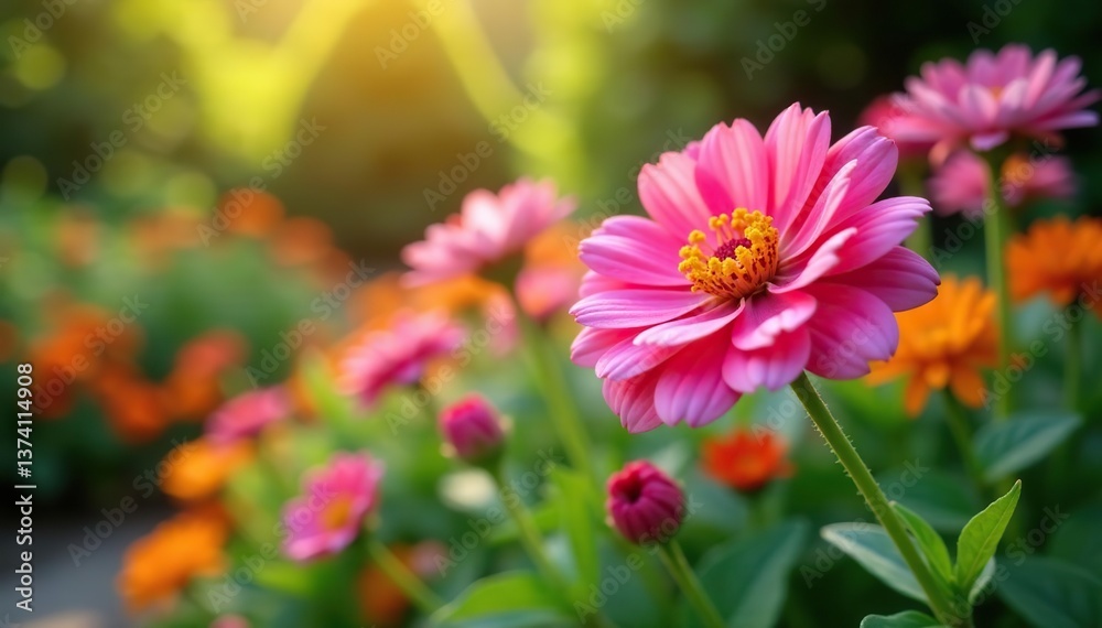 Vibrant blooming flowers illuminated by sunlight in a garden, outdoors, blooming Vibrant blooming flowers illuminated by sunlight in a garden, outdoors, blooming