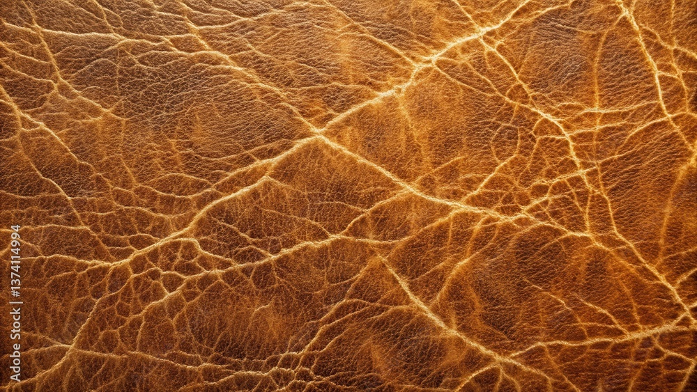 Fototapeta premium Intricate Texture of Golden Brown Leather with a Network of Fine Lines and Wrinkles